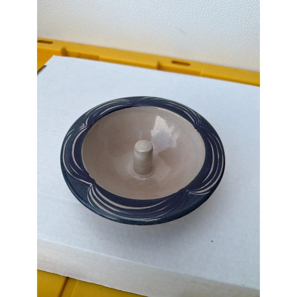 Clay City Pottery Apple Baker Stoneware Cobalt Blue Glazed Rim Hand Carved USA